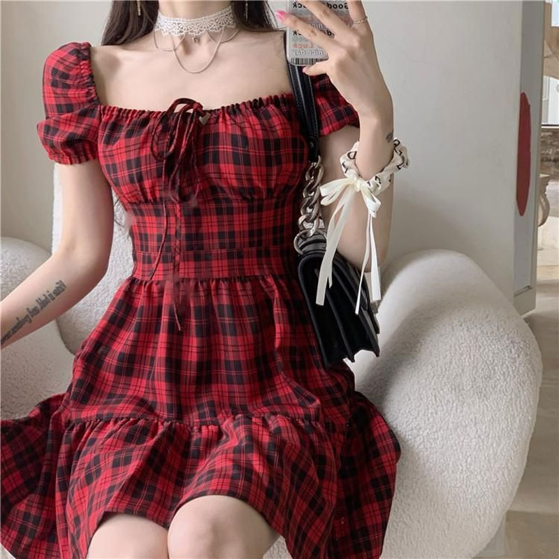 Summer Clothing Drawing - Red Plaid Mini Dress Women's Clothing