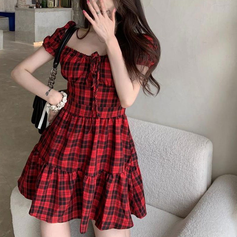 Red Plaid Mini Dress Women's C - đánh giá và giá Summer Clothing Drawing