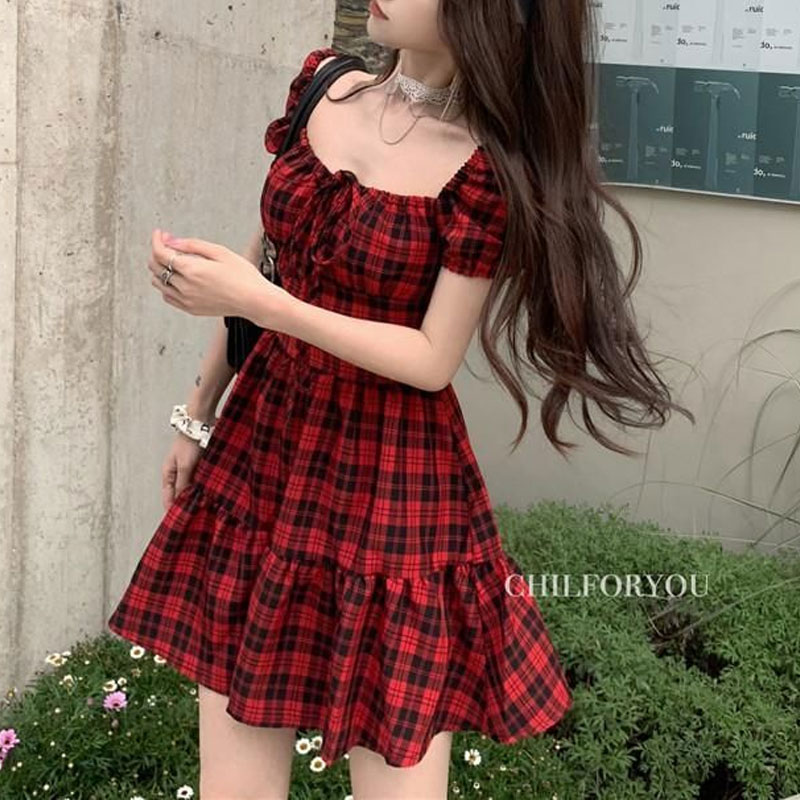 Red Plaid Mini Dress Women's C - đánh giá và giá Summer Clothing Drawing