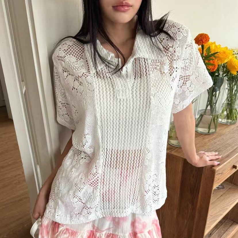 Retro  Collar Lace Shirt Women - đánh giá và giá Summer Clothing Online